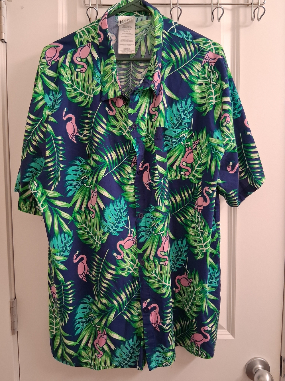 Men's Tropical Flamingo Short-Sleeve Button-Down Shirt - Navy & Green